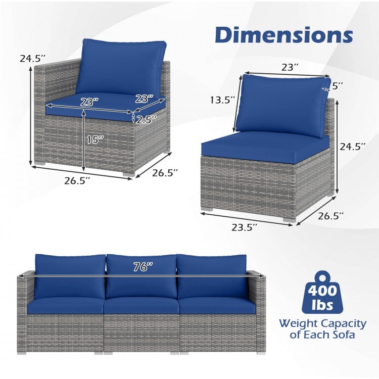3 Pieces Patio Sectional Sofa Set PE Rattan Modular Couch Furniture Set with Soft Cushions-Navy