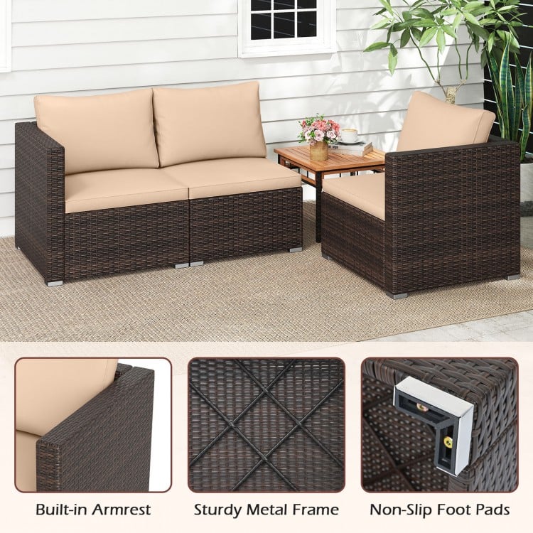 3 Pieces Patio Sectional Sofa Set with Soft Cushions-Beige