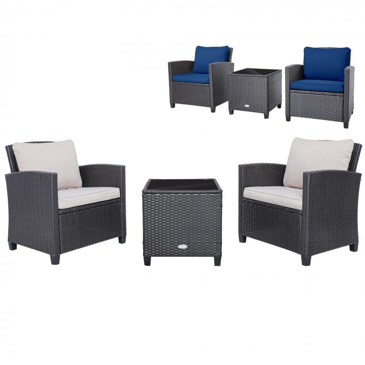 3 Pieces Rattan Patio Furniture Set with Washable Cushion-Peacock Blue