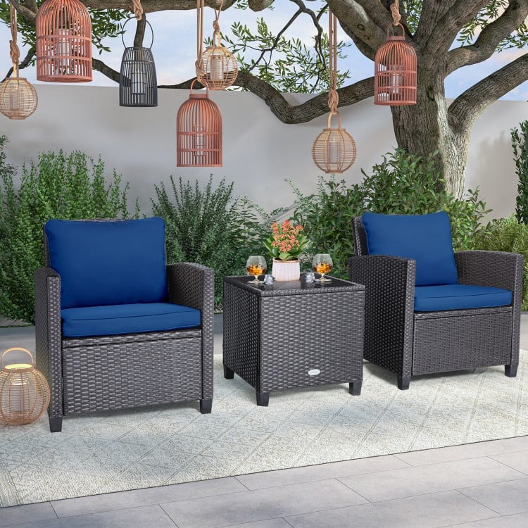 3 Pieces Rattan Patio Furniture Set with Washable Cushion-Peacock Blue