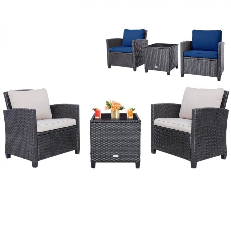 3 Pieces Rattan Patio Furniture Set with Washable Cushion-Peacock Blue