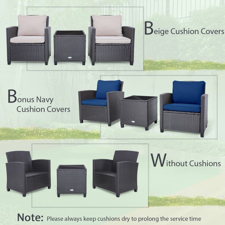 3 Pieces Rattan Patio Furniture Set with Washable Cushion-Peacock Blue