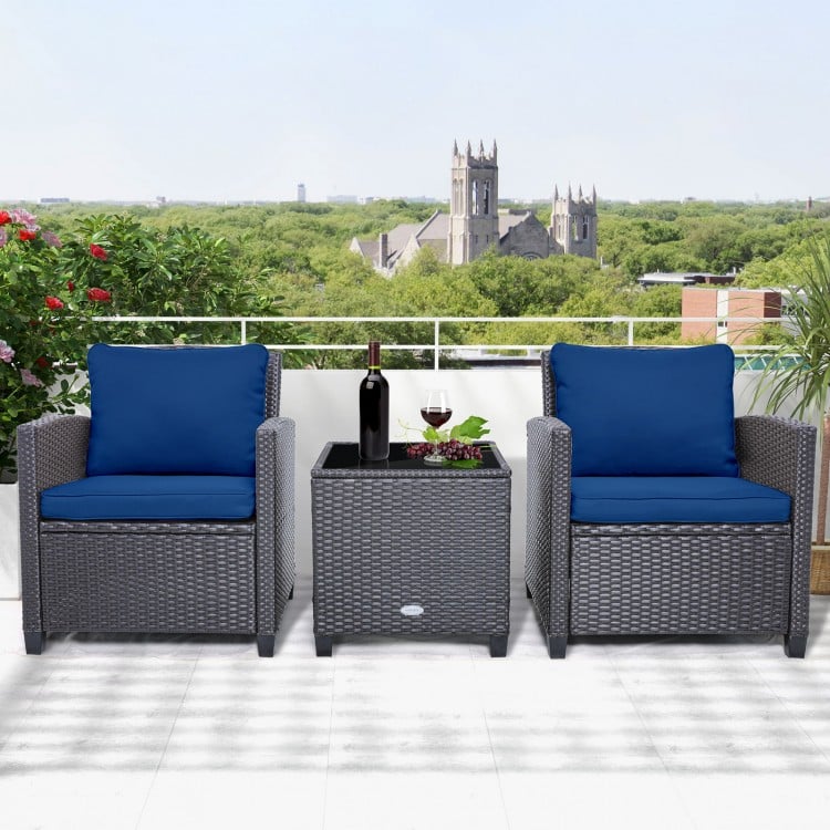 3 Pieces Rattan Patio Furniture Set with Washable Cushion-Peacock Blue