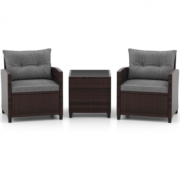 3 Pieces Rattan Patio Furniture Set with Washable Cushion-Gray