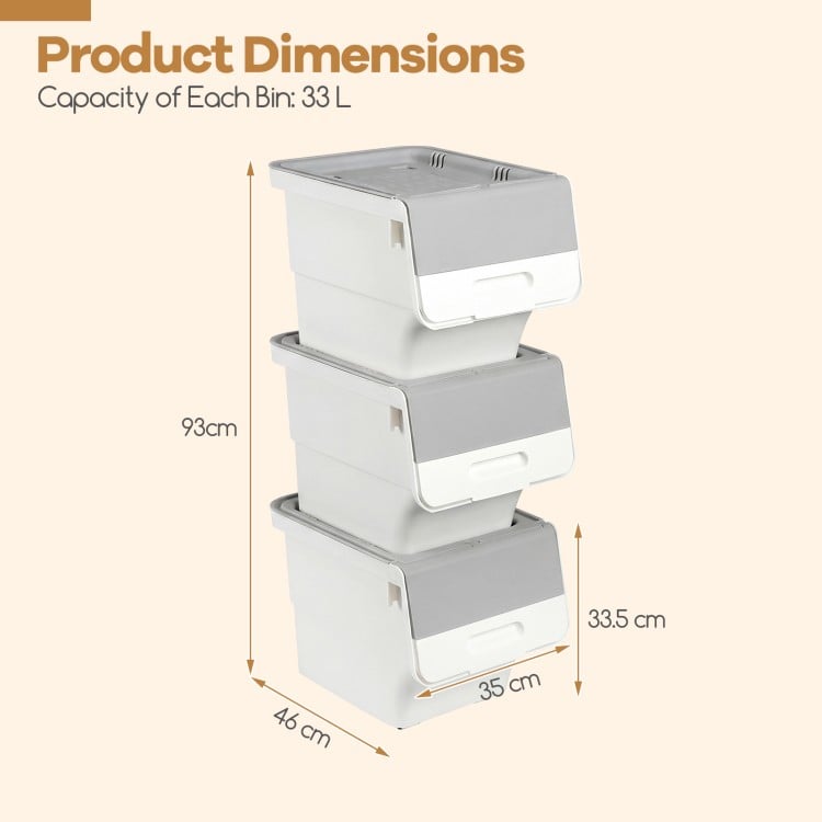 3 Pieces Storage Bins on Wheels Stackable Plastic Boxes with Stay-Open Lid (M)-Gray