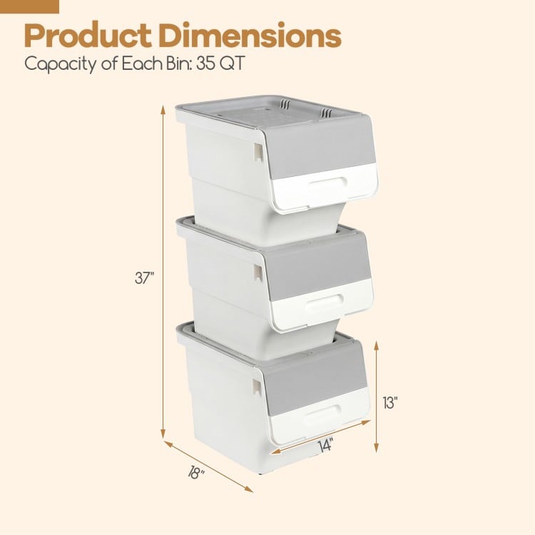 3 Pieces Storage Bins on Wheels Stackable Plastic Boxes with Stay-Open Lid (M)-Gray