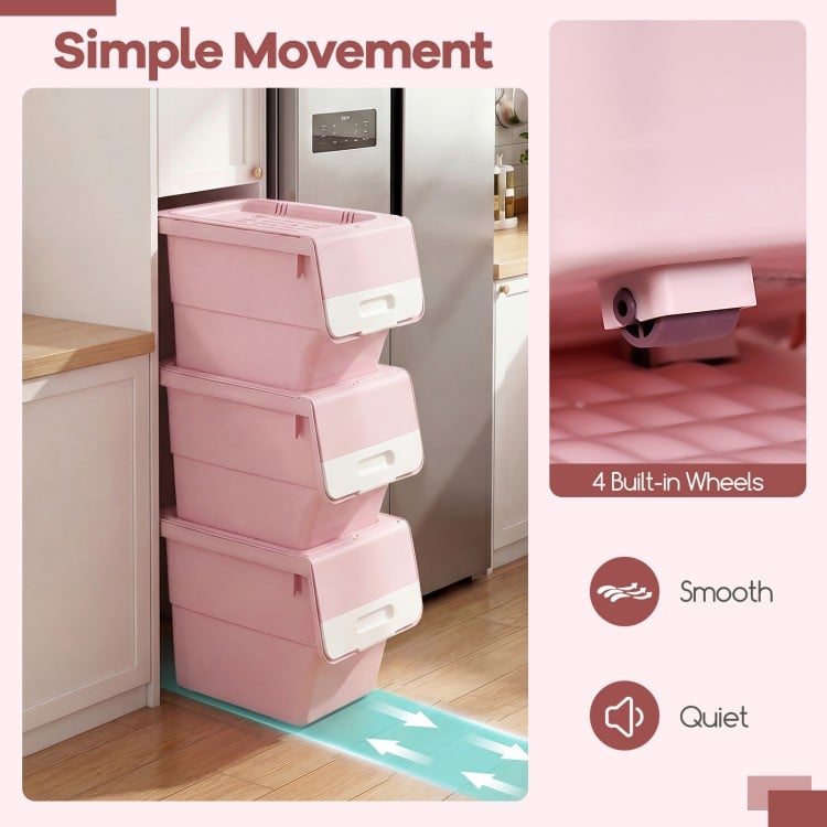 3 Pieces Storage Bins on Wheels Stackable Plastic Boxes with Stay-Open Lid (M)-Pink