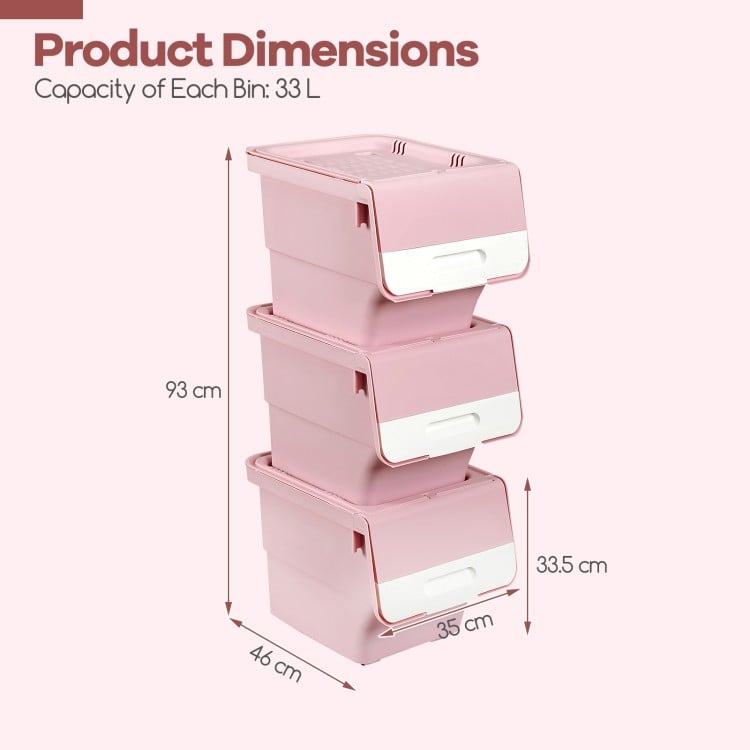 3 Pieces Storage Bins on Wheels Stackable Plastic Boxes with Stay-Open Lid (M)-Pink