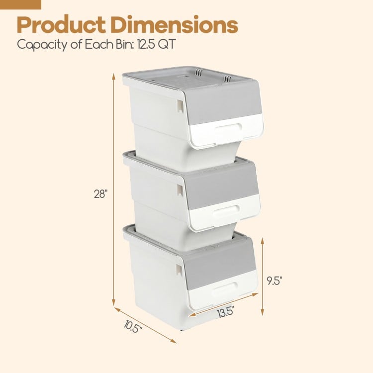 3 Pieces Storage Bins on Wheels Stackable Plastic Boxes with Stay-Open Lid (S)-Gray