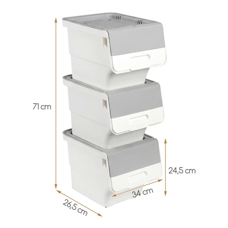 3 Pieces Storage Bins on Wheels Stackable Plastic Boxes with Stay-Open Lid (S)-Gray