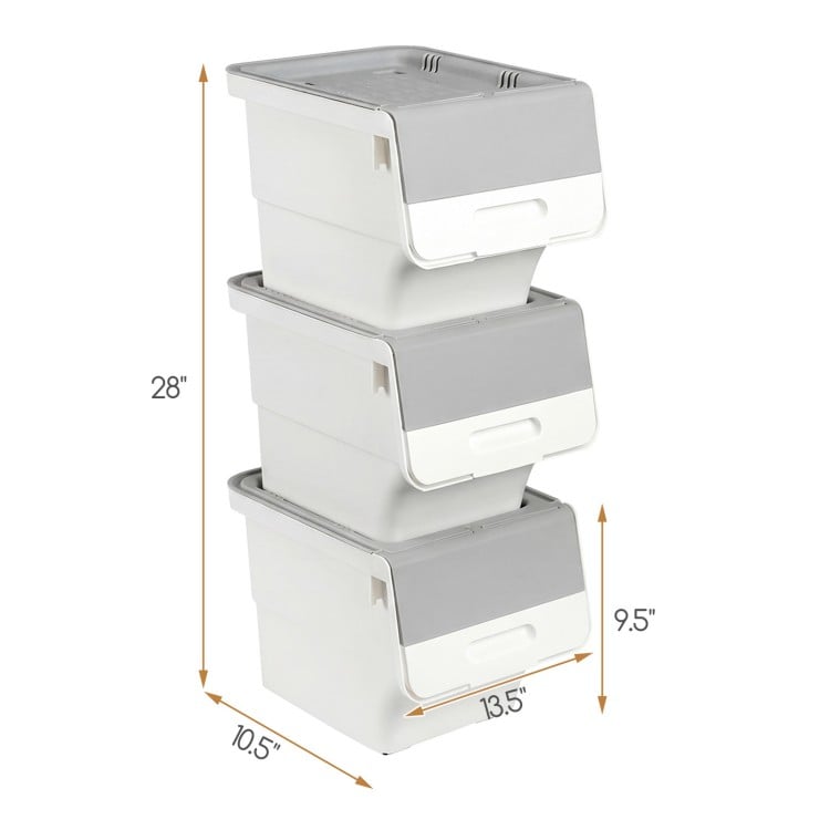 3 Pieces Storage Bins on Wheels Stackable Plastic Boxes with Stay-Open Lid (S)-Gray