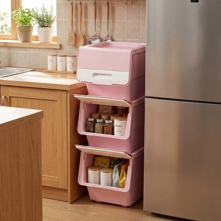 3 Pieces Storage Bins on Wheels Stackable Plastic Boxes with Stay-Open Lid (S)-Pink