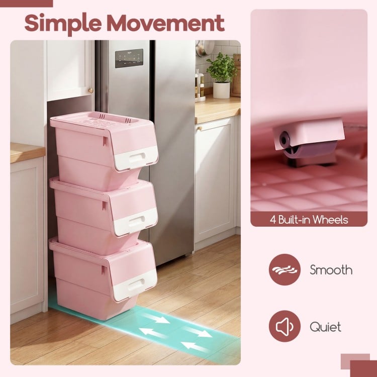 3 Pieces Storage Bins on Wheels Stackable Plastic Boxes with Stay-Open Lid (S)-Pink