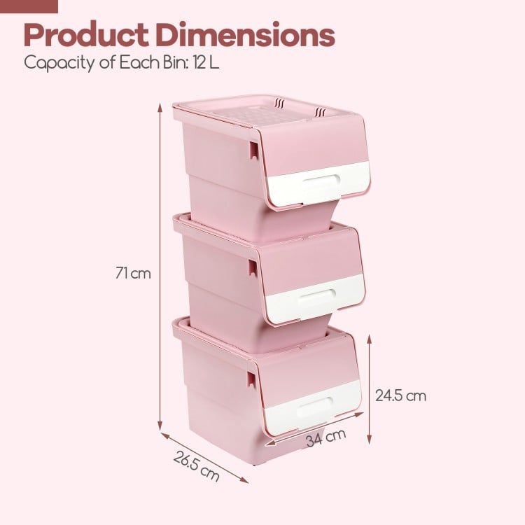 3 Pieces Storage Bins on Wheels Stackable Plastic Boxes with Stay-Open Lid (S)-Pink
