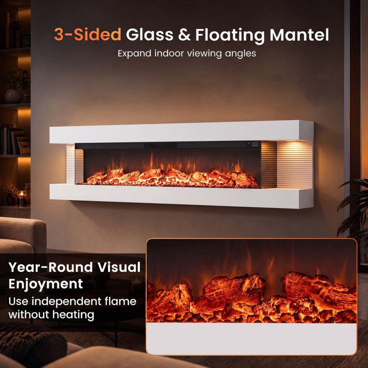 60" 3-Sided Wall-Mount Electric Fireplace with Floating Mantel, WiFi & 12 Flame Colors – White