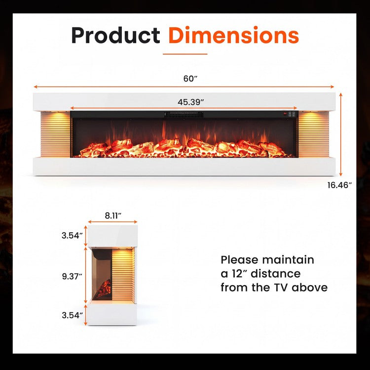 60" 3-Sided Wall-Mount Electric Fireplace with Floating Mantel, WiFi & 12 Flame Colors – White