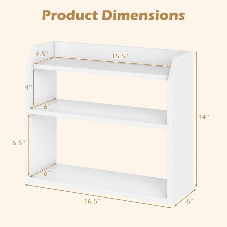 3-Tier Desktop Bookshelf Wooden Countertop Bookcase with Raised Top Guardrails-White