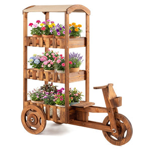 3-Tier Fir Wood Plant Stand with Fabric Canopy and 3 Wheels – Vintage Tricycle Planter Cart