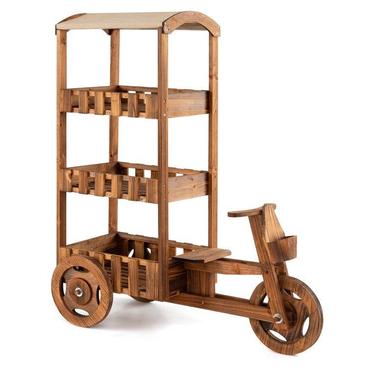3-Tier Fir Wood Plant Stand with Fabric Canopy and 3 Wheels – Vintage Tricycle Planter Cart