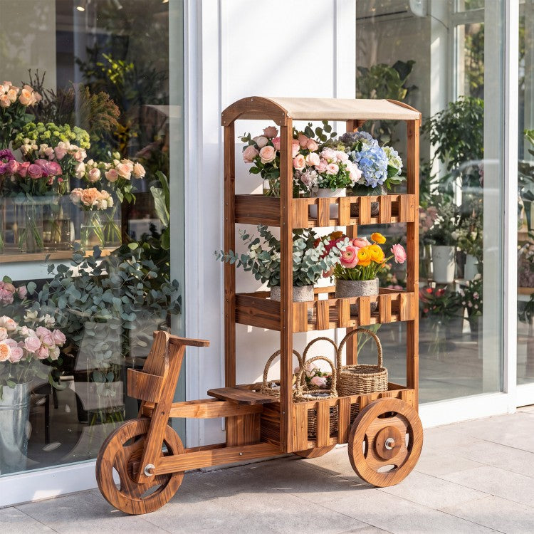 3-Tier Fir Wood Plant Stand with Fabric Canopy and 3 Wheels – Vintage Tricycle Planter Cart