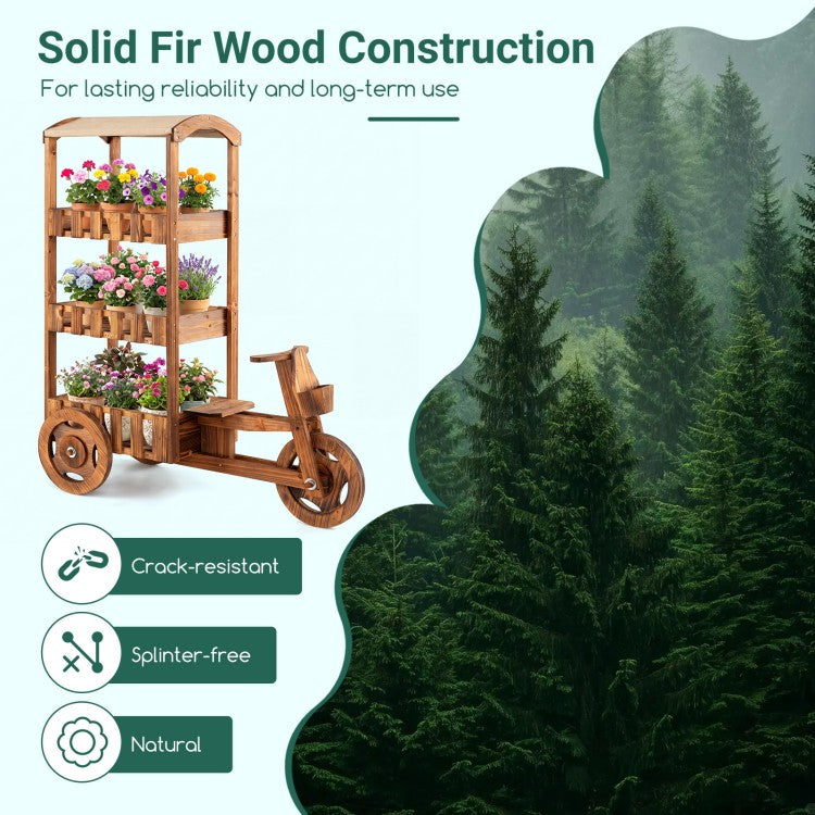 3-Tier Fir Wood Plant Stand with Fabric Canopy and 3 Wheels – Vintage Tricycle Planter Cart