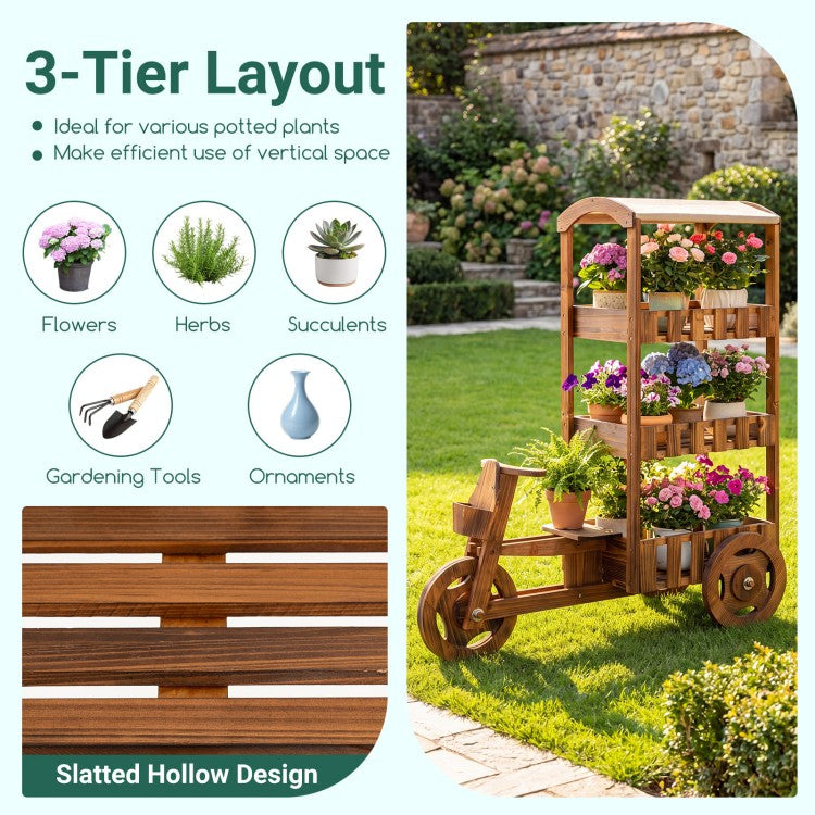 3-Tier Fir Wood Plant Stand with Fabric Canopy and 3 Wheels – Vintage Tricycle Planter Cart