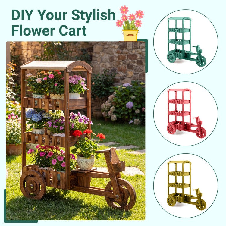3-Tier Fir Wood Plant Stand with Fabric Canopy and 3 Wheels – Vintage Tricycle Planter Cart