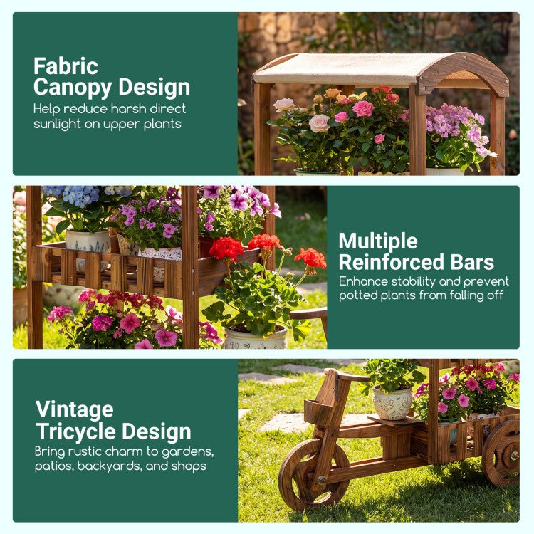 3-Tier Fir Wood Plant Stand with Fabric Canopy and 3 Wheels – Vintage Tricycle Planter Cart