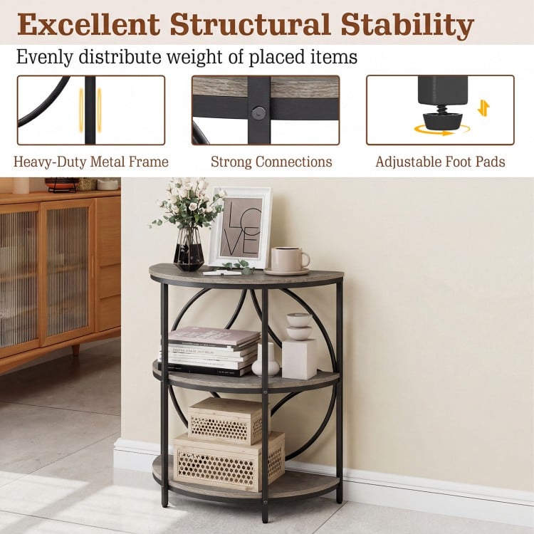 3-Tier Half Round End Table with Study Metal Frame for Living Room-Gray
