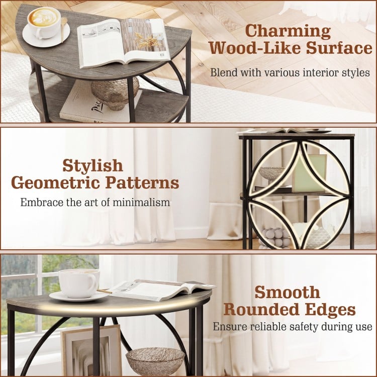3-Tier Half Round End Table with Study Metal Frame for Living Room-Gray