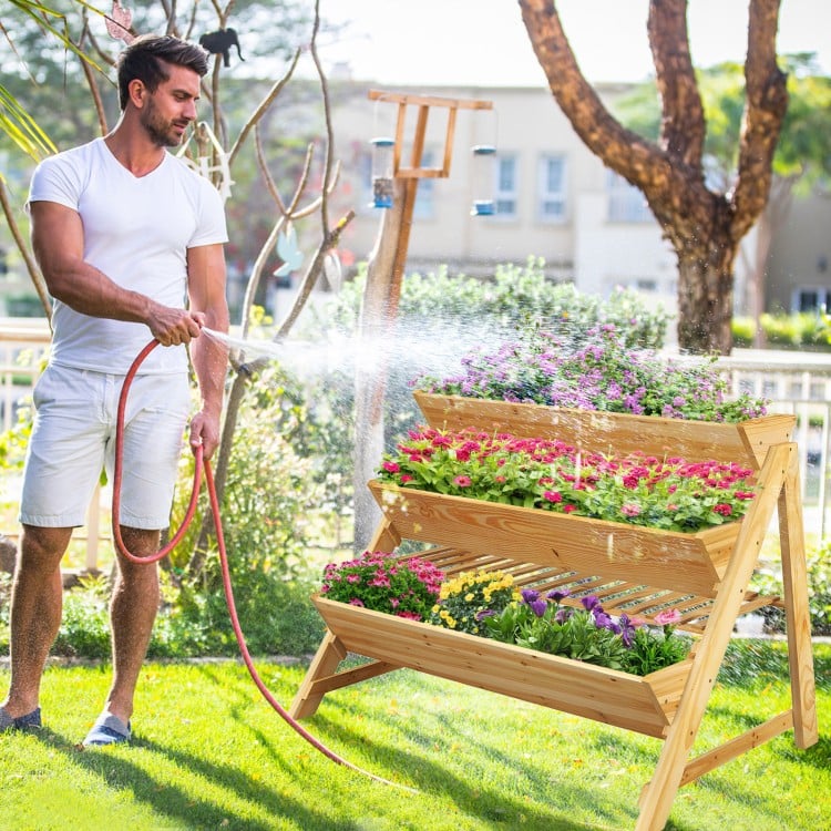 3 Tier Wooden Vertical Raised Garden Bed with Storage Shelf
