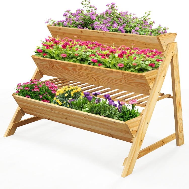 3 Tier Wooden Vertical Raised Garden Bed with Storage Shelf