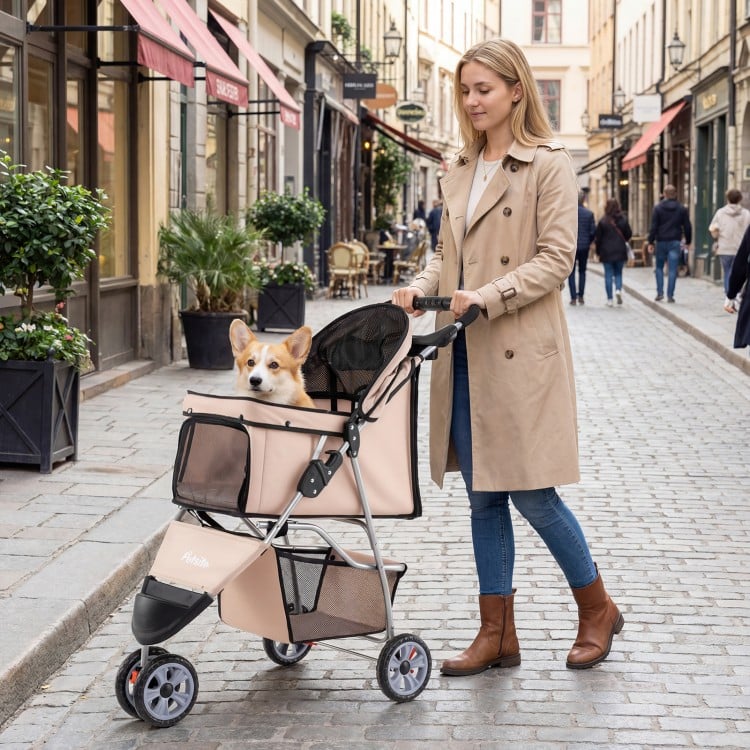 3 Wheel Pet Stroller for Small Dogs Cats up to 33 LBS-Beige