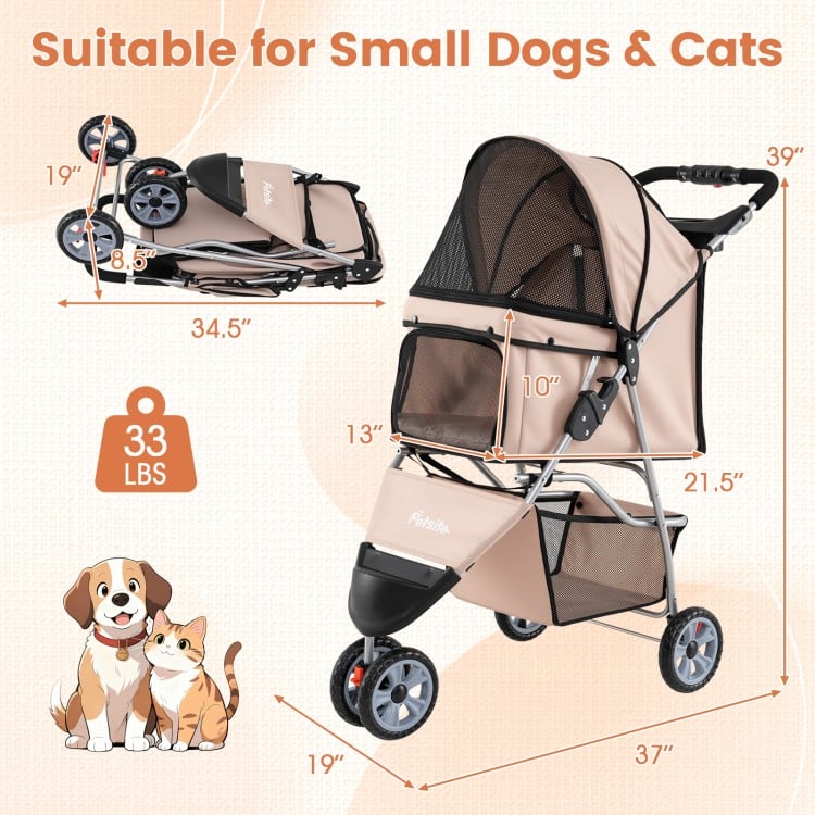3 Wheel Pet Stroller for Small Dogs Cats up to 33 LBS-Beige