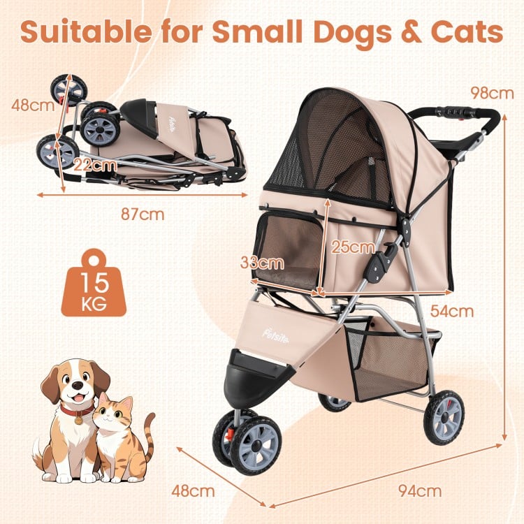 3 Wheel Pet Stroller for Small Dogs Cats up to 33 LBS-Beige