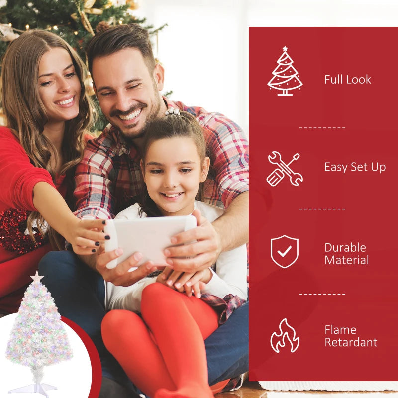 HOMCOM 2.5FT Prelit Artificial Tabletop Christmas Tree with Fibre Optics Holiday Home Xmas Decoration for Table and Desk White 