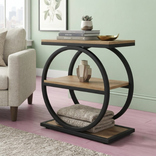 End Table 3-Tier Industrial Sofa Side Table with Round Metal Frame Storage Shelves for Living Room Bedroom Rustic Finish