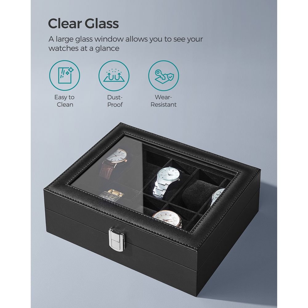 SONGMICS 10-Slot Watch Case with Large Glass Lid 