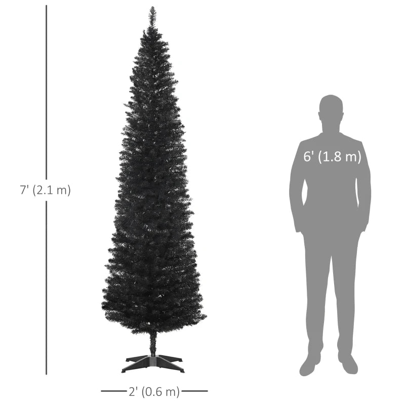 HOMCOM 7FT Artificial Christmas Tree, Pencil Christmas Tree with Realistic Branches, Stable Stand, Black 
