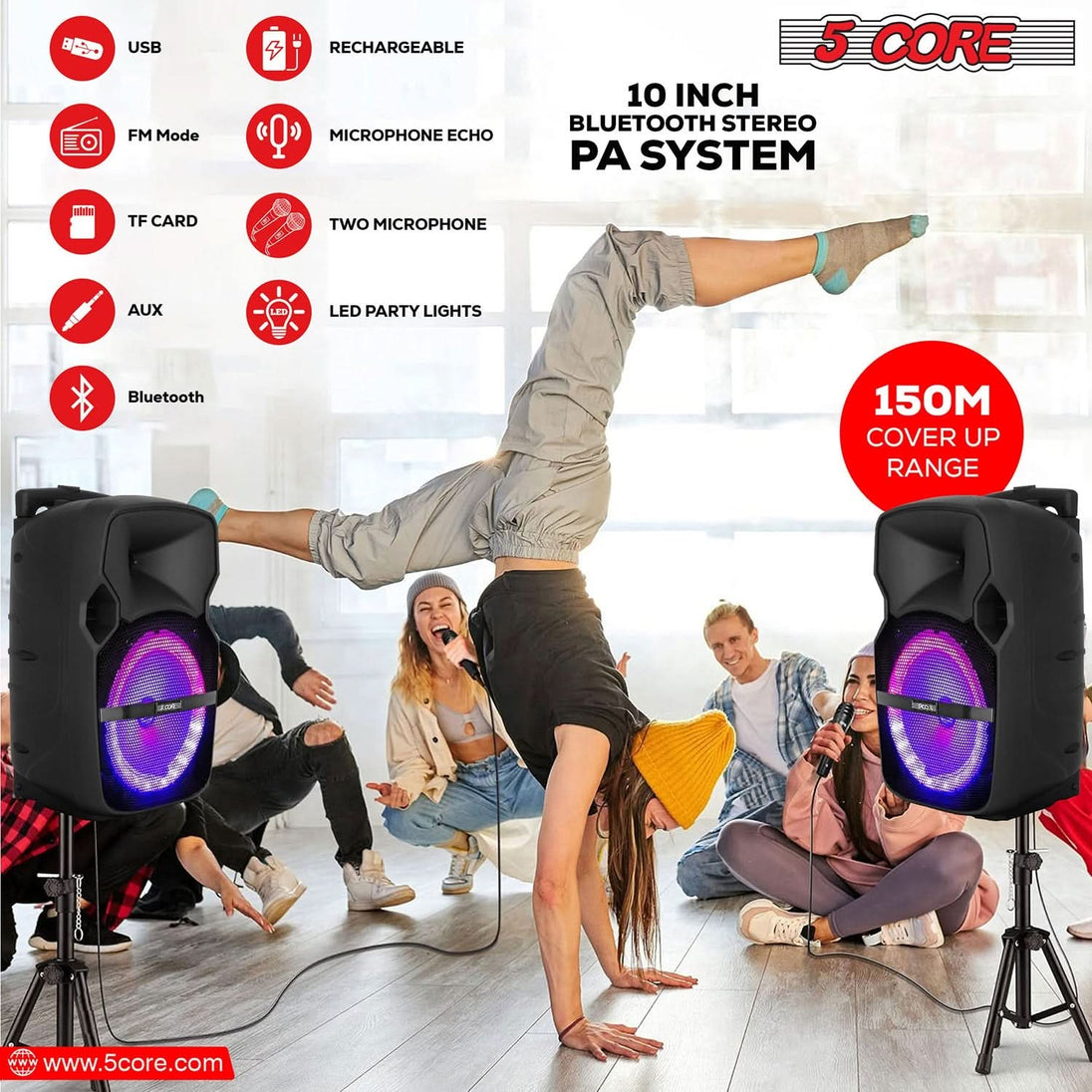 5Core 10 inch PA Portable Bluetooth Party Speaker Karaoke Boombox + 2 Wireless Mics