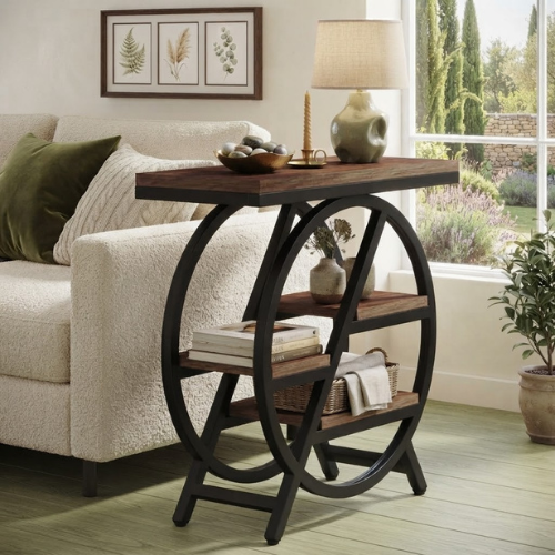 4-Tier End Table, Industrial Side Table with Open Shelves, Rustic Brown Wooden Top & Metal Frame for Living Room Bedroom