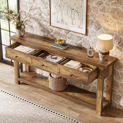 70.9" Farmhouse Console Table with 3 Drawers, Narrow Entryway Sofa Table with Storage Shelf Rustic Brown