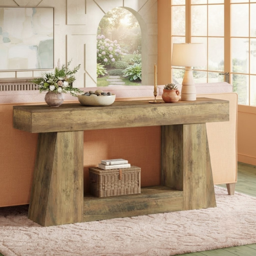 63" Farmhouse Console Table, Wooden Sofa Table with 2-Tier Storage Shelves, Narrow Hallway Entryway Table