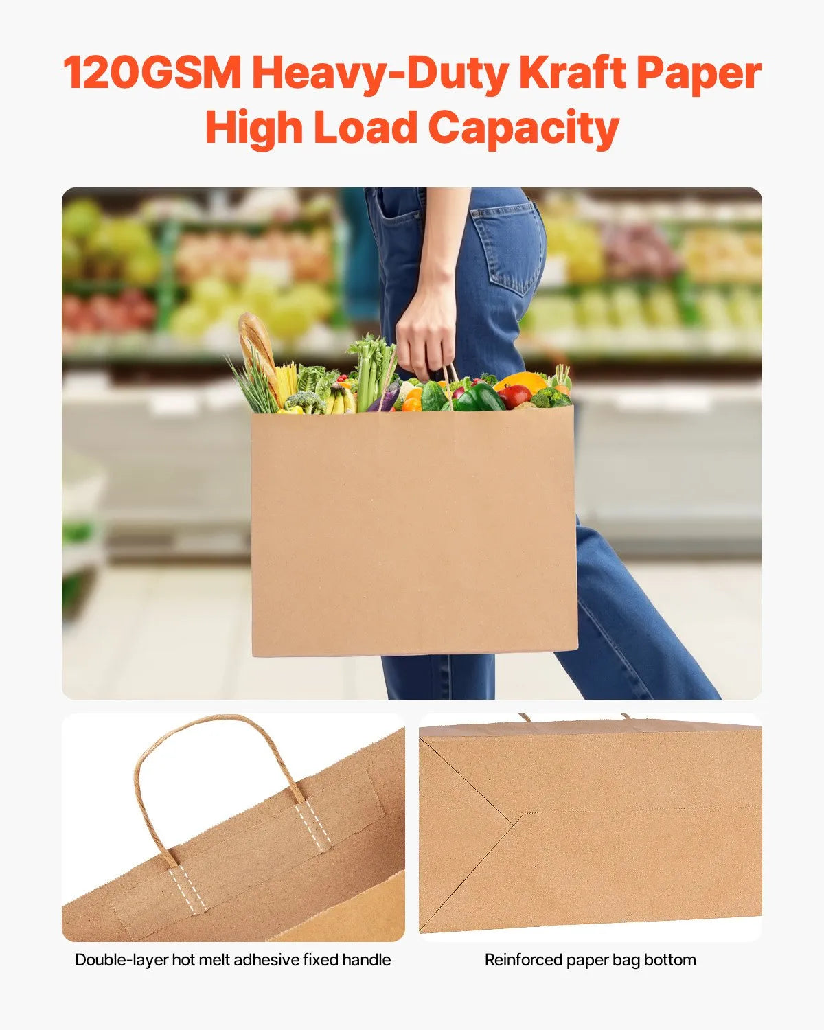 VEVOR Kraft Paper Bags with Handles – 50/100Pcs, 16 x 6 x 12 in, Large Reusable & Recycled Grocery/Party Bags – White, Brown, Black 