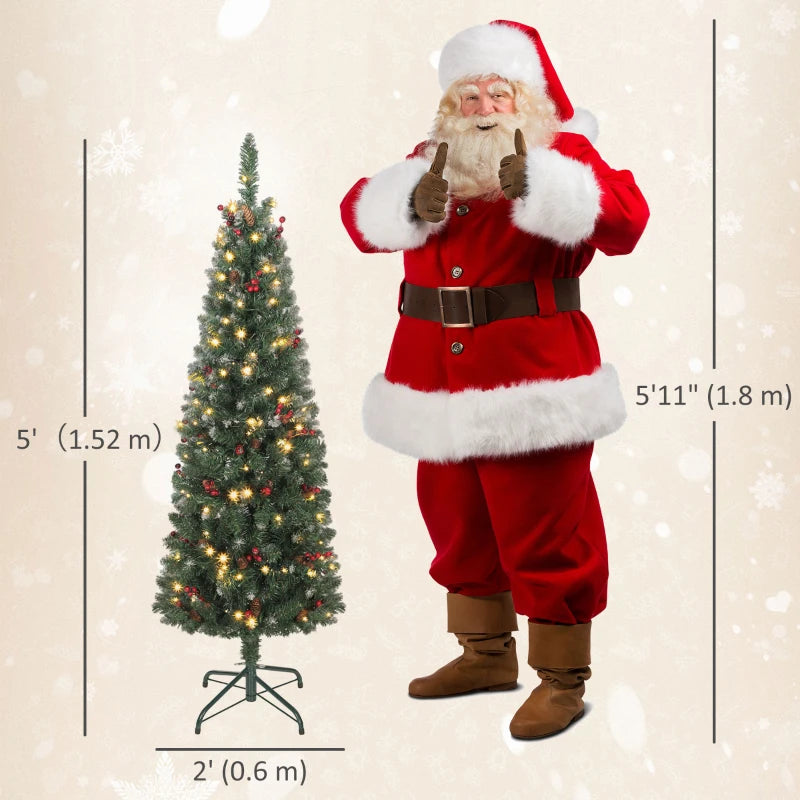 HOMCOM 5FT Prelit Pencil Christmas Tree with LED Lights, Slim Silver Glitter Xmas Tree with Dense Branches & 8 Lighting Modes 