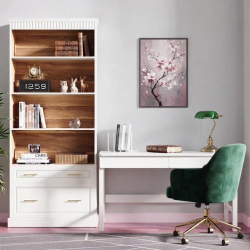 Bookshelf 72" 5-Shelf Bookcase with Drawers Freestanding Display Shelf White