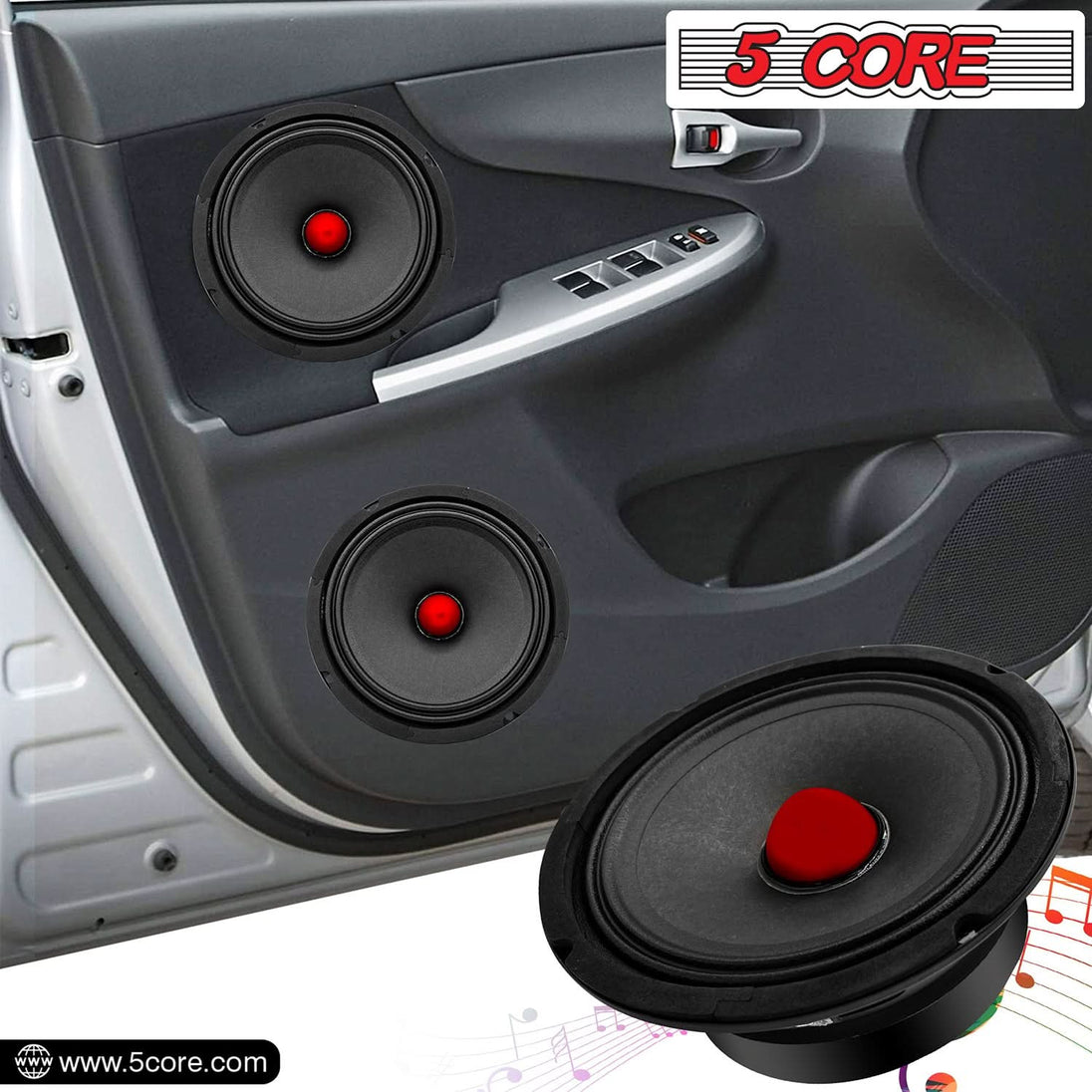 5Core 6.5 Inch Midrange Door Speaker 360W PMPO Subwoofer w Aluminum Bullet 8Ω Sub Woofer