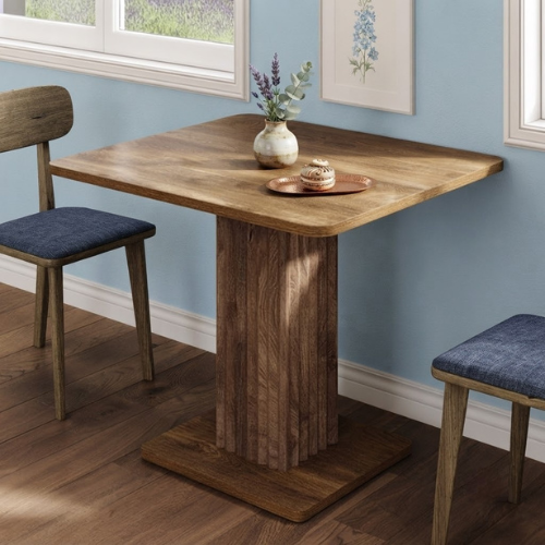 Dining Table 35.43" x 31.5" Farmhouse Kitchen Table for 2-4 People with Fluted Pedestal Base and Thick Tabletop Rustic Wood