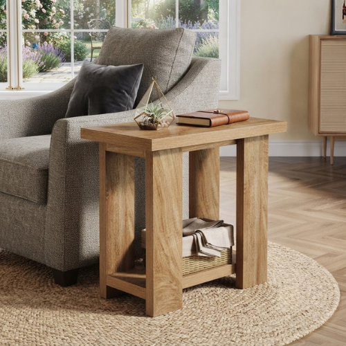 End Table 2-Tier Farmhouse Side Table with Storage Shelves 27.56" Wooden Nightstand for Small Spaces Living Room Bedroom Light Brown