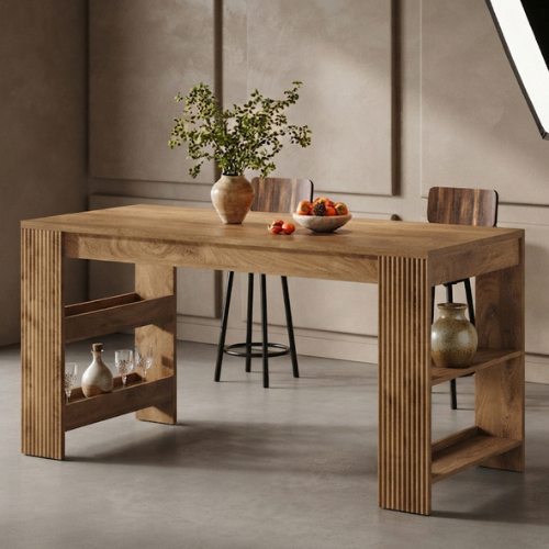 63" Kitchen Island, Large Home Bar Table with Double-Sided Storage Shelves, Rustic Wood-Grain Countertop